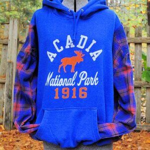 Acadia National Park Reconstructed Hoodie Sweatshirt Royal Blue XL Plaid Sleeves